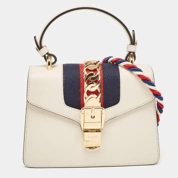 Pre Owned Gucci White Leather Mini Web Chain Sylvie Top Handle Bag