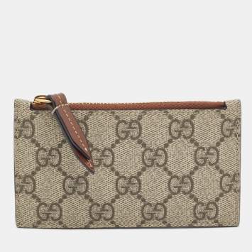 Pre Owned Gucci Brown/Beige GG Supreme Canvas and Leather Zip Card Holder