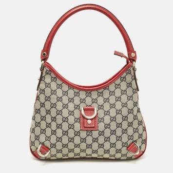 Pre Owned Gucci Red/Beige GG Canvas and Leather Medium Abbey D-Ring Hobo