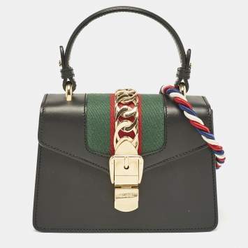 Pre Owned Gucci Black Leather Mini Web Chain Sylvie Top Handle Bag