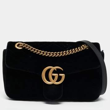 Pre Owned Gucci Black Matelassé Velvet Small GG Marmont Shoulder Bag