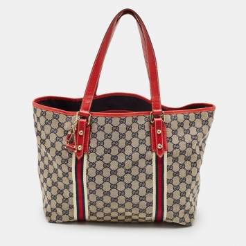 Pre Owned Gucci Beige/Red GG Canvas and Leather Jolicoeur Tote