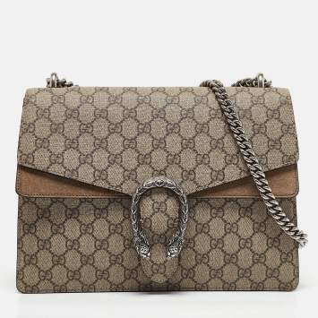 Pre Owned Gucci Beige GG Supreme Canvas and Suede Medium Dionysus Shoulder Bag