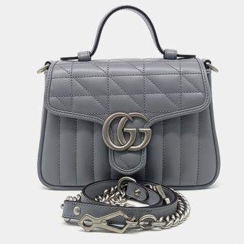Pre Owned Gucci Grey Leather GG Marmont Mini Top Handle Bag