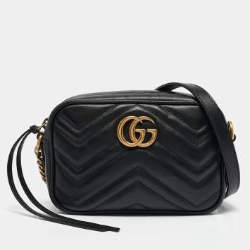 Pre Owned Gucci Black Matelasse Leather Mini GG Marmont Shoulder Bag