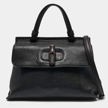 Pre Owned Gucci Black Leather Small Bamboo Daily Top Handle Bag