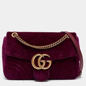Pre Owned Gucci Magenta Matelassé Velvet Medium GG Marmont Shoulder Bag
