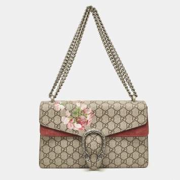 Pre Owned Gucci Burgundy/Beige GG Supreme Canvas and Suede Small Blooms Dionysus Shoulder Bag