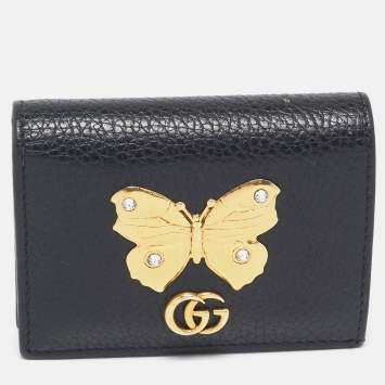 Pre Owned Gucci Black Leather GG Marmont Butterfly Bifold Wallet