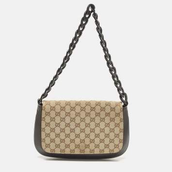 Pre Owned Gucci Beige/Brown GG Canvas and Leather Wooden Chain Flap Bag