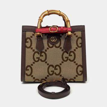 Pre Owned Gucci Beige Brown Coated Canvas and Leather Diana Bamboo Small Tote Bag