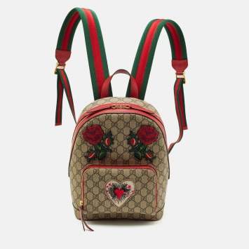 Pre Owned Gucci Red/Beige GG Supreme Canvas Small Embroidered Limited Edition Backpack