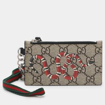 Gucci Beige/Black GG Supreme Canvas and Leather Kingsnake Lanyard Card Holder