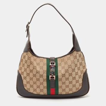 Pre Owned Gucci Dark Brown/Beige GG Canvas and Leather Jackie Hobo