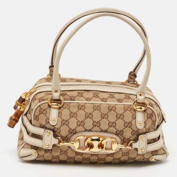 Pre Owned Gucci White/Beige GG Canvas and Leather Wave Boston Bag