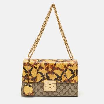 Pre Owned Gucci Yellow/Beige GG Supreme Canvas and Python Medium Padlock Shoulder Bag
