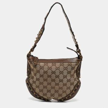 Pre Owned Gucci Beige/Brown GG Canvas and Leather Small Studded Pelham Hobo