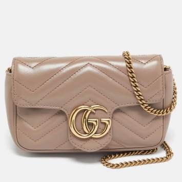 Pre Owned Gucci Beige Matelassé Leather Super Mini GG Marmont Shoulder Bag