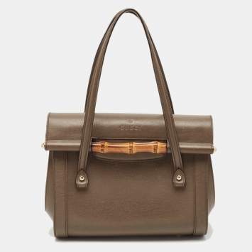 Pre Owned Gucci Taupe Grey Leather Medium New Bullet Bamboo Bag