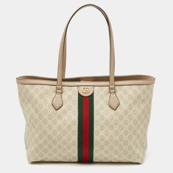 Pre Owned Gucci Beige GG Supreme Canvas and Leather Medium Ophidia Tote