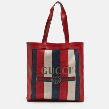 Pre Owned Gucci Tricolor Striped Canvas and Leather Logo Tote