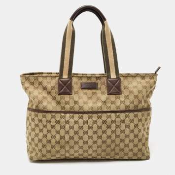 Pre Owned Gucci Beige/Green GG Canvas and Leather Diaper Tote