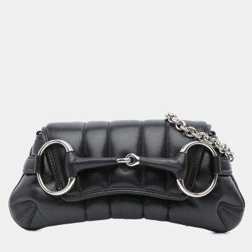 Gucci Black Small Leather Horsebit Chain Satchel Bag