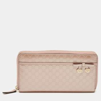 Pre Owned Gucci Metallic Old Rose Microguccissima Patent Leather Heart Charm Continental Wallet