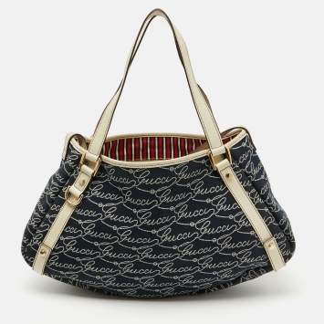 Pre Owned Gucci Navy Blue/White Canvas and Leather Signature Abbey Hobo
