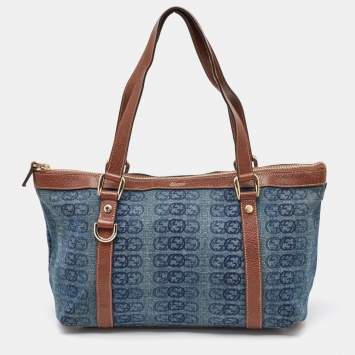 Pre Owned Gucci Navy Blue/Brown Monogram Denim and Leather Tote