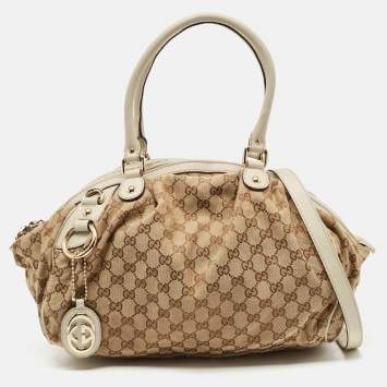Pre Owned Gucci Beige/Off White GG Canvas and Leather Sukey Boston Bag