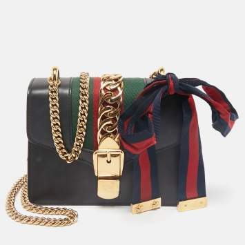 Pre Owned Gucci Black Leather Mini Web Chain Sylvie Shoulder Bag