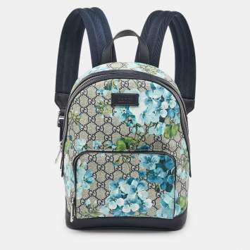 Pre Owned Gucci Beige/Blue GG Supreme Canvas and Leather Blooms Backpack