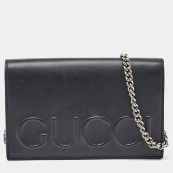 Pre Owned Gucci Black Leather Gucci Logo Chain Flap Shoulder Bag