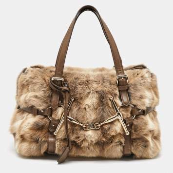 Pre Owned Gucci Beige/Brown Leather and Rabbit Fur 85th Anniversary Handle Bag