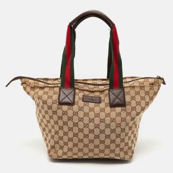 Pre Owned Gucci Beige/Brown GG Canvas and Leather Web Handle Tote