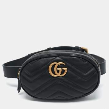 Pre Owned Gucci Black Matelassé Leather Mini GG Marmont Belt Bag