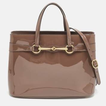 Pre Owned Gucci Dark Beige Patent Leather Medium Bright Bit Tote