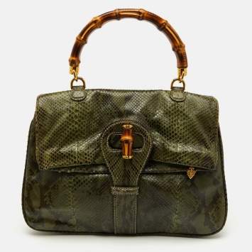 Pre Owned Gucci Green Python Heritage Foldover Bamboo Top Handle Bag