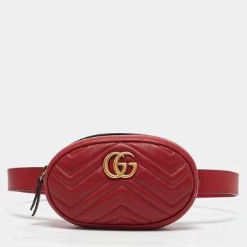 Pre Owned Gucci Red Matelasse Leather GG Marmont Belt Bag