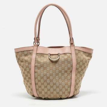 Pre Owned Gucci Light Pink/Beige GG Canvas and Leather D Ring Tote