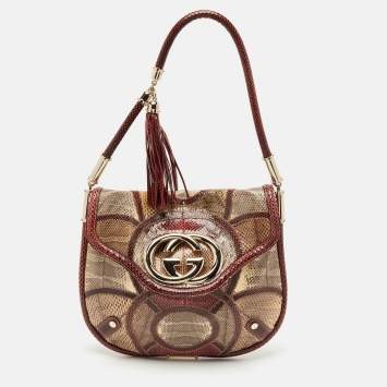 Gucci Burgundy/Beige Python Medium Britt Tassel Hobo