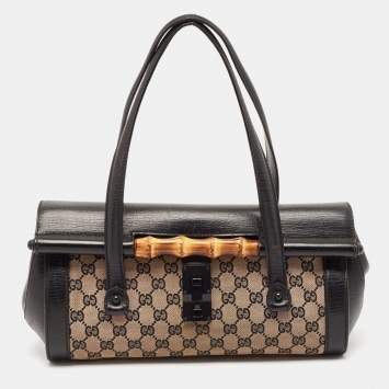 Pre Owned Gucci Black GG Canvas and Leather Bamboo Bullet Satchel