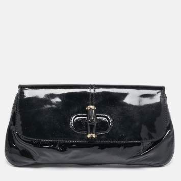 Pre Owned Gucci Black Patent Leather Bamboo Clutch