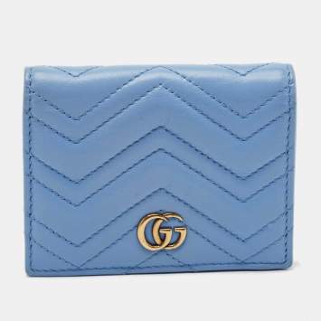Pre Owned Gucci Blue Matelassé Leather GG Marmont Card Case