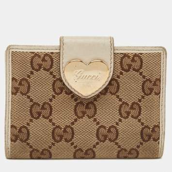 Pre Owned Gucci Beige/Off White GG Canvas and Leather Heart Flap Card Holder