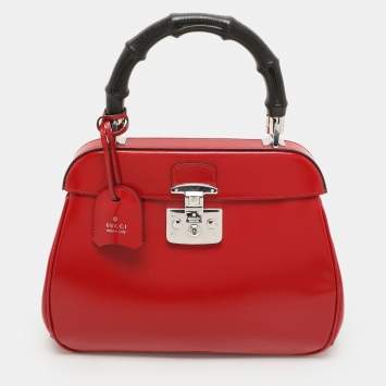 Pre Owned Gucci Red Patent Leather Lady Lock Bamboo Top Handle Bag