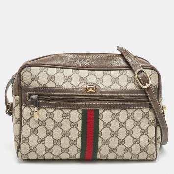 Pre Owned Gucci Beige/Brown GG Supreme Canvas and Leather Medium Ophidia Crossbody Bag