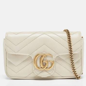 Pre Owned Gucci Off White Matelassé Leather Super Mini GG Marmont Shoulder Bag