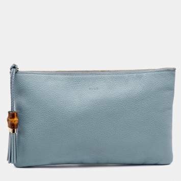 Pre Owned Gucci Light Blue Leather Bamboo Tassel Clutch